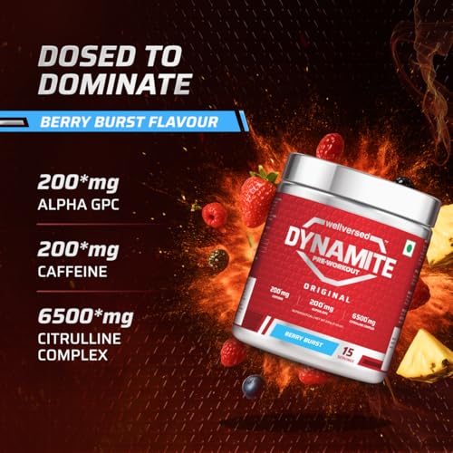 Image of Dynamite Original Pre Workout For Men (15 Servings, Berry Burst) For Focus & Energy Boost With 6500mg Citrulline Complex | Preworkout Supplements For Men - 210g