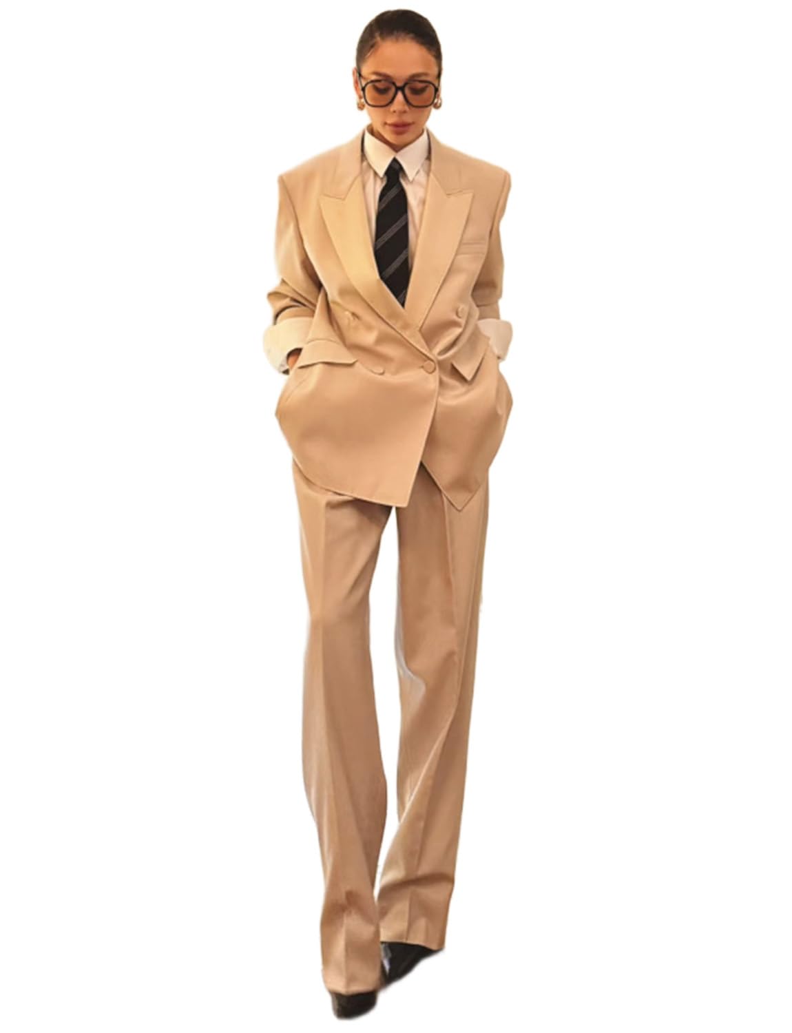 Ulnomio Womens Suit Two Pieces Peak Lapel Double Breasted Buttons Business Work Jacket Pants Set