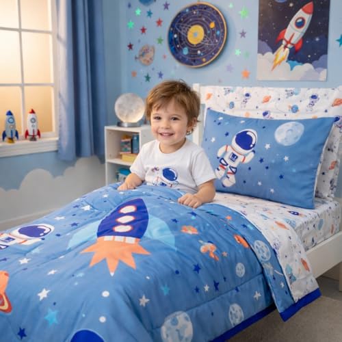 Image of EVERYDAY KIDS 4 Piece Toddler Bedding Set - Outer Space Adventures - Includes Comforter, Flat Sheet, Fitted Sheet and Reversible Pillowcase
