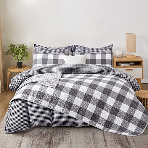 Djy Grey Buffalo Plaid Quilt Set Queen Size Gray White Checkered Bedding Set Soft Microfiber Bedspread Lightweight Gingham Geometric Coverlet 3 Pieces (1 Quilt And 2 Pillowcases) For All Season #TOP3
