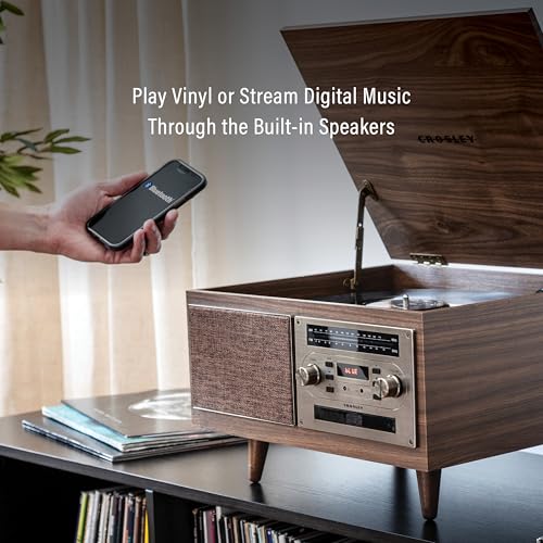 Image of Crosley CR7023A-WA Serenade 8-in-1 Record Player, Walnut | 3-Speed Turntable, Bluetooth In, Built-in Full-Range Stereo Speakers 20W Peak, AM /FM Radio