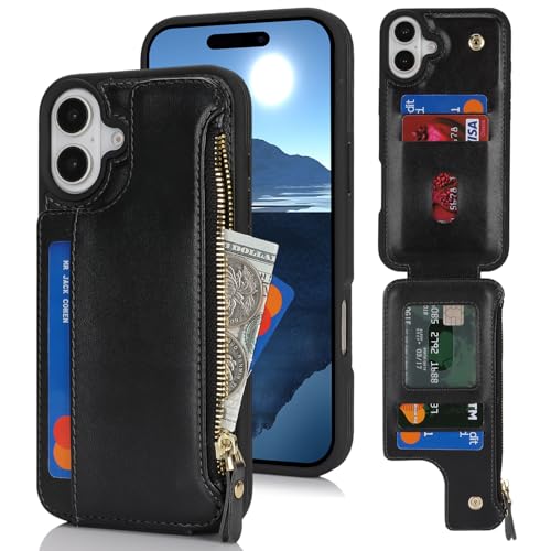 Étui portefeuille iPhone 16 femme noir pochette zippée cuir porte-carte coque antichoc rigide