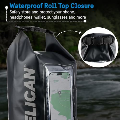 Image of Pelican Marine IP68 Waterproof Dry Bag 5L with Phone Pouch /Case - Black | Roll Top Waterproof Backpack with Touchscreen Phone Pouch - Swimming, Kayaking, Camping, Rafting, Fishing & Travel Essentials