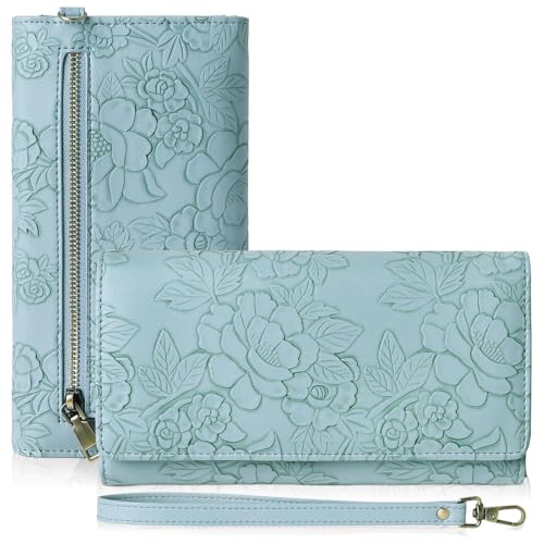 GAEKEAO Wallets for Women Vegan Leather RFID Blocking Card Holder Trifold Ladies Long Purse Wristlet Clutch with 3 ID Windows