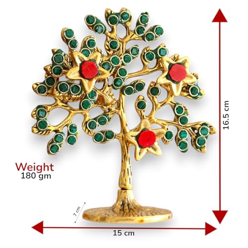 Image of Metal Kalpavriksha Tree for Home Decor - Golden Wish Fulfilling Tree Metal Showpiece for Temple, Vastu, Office Table & Gifting Banyan (No 1 Golden Stone with Box)