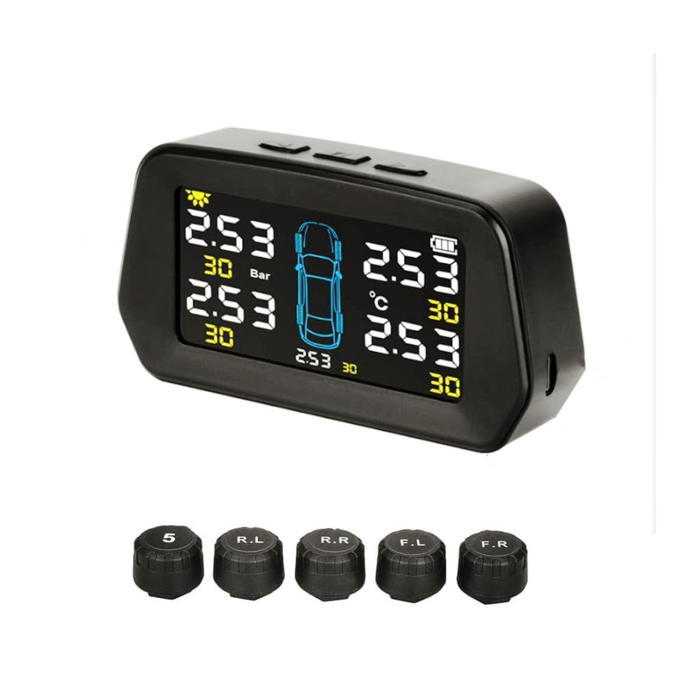 Upgrade Smart TPMS 0.01Bar Accuracy Tyre Pressure Monitoring System USB/Solar Charging 6 Alarm Modes Auto Sleep/Work Tire Position Exchange 5-External Sensors (0-116PSI)