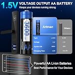 Artman Rechargeable Lithium AA Batteries 12 Pack with 12-Slot Charger, 3600mWh 1.5V High Power AA Lithium Batteries for Blink Outdoor Camera, Rechargeable Double A Battery with 2000+ Cycles (Black)