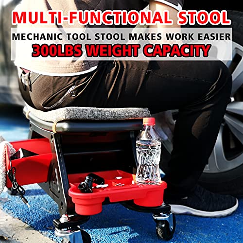 Yovyov Mechanic Stool, Heavy Duty Roller Mechanics Seat, Rolling Stool With Wheels, 3 Slide Out Tool Trays And Drawer, 300 Lbs Capacity For Mechanics & Detailers Home Diy Garages #TOP1
