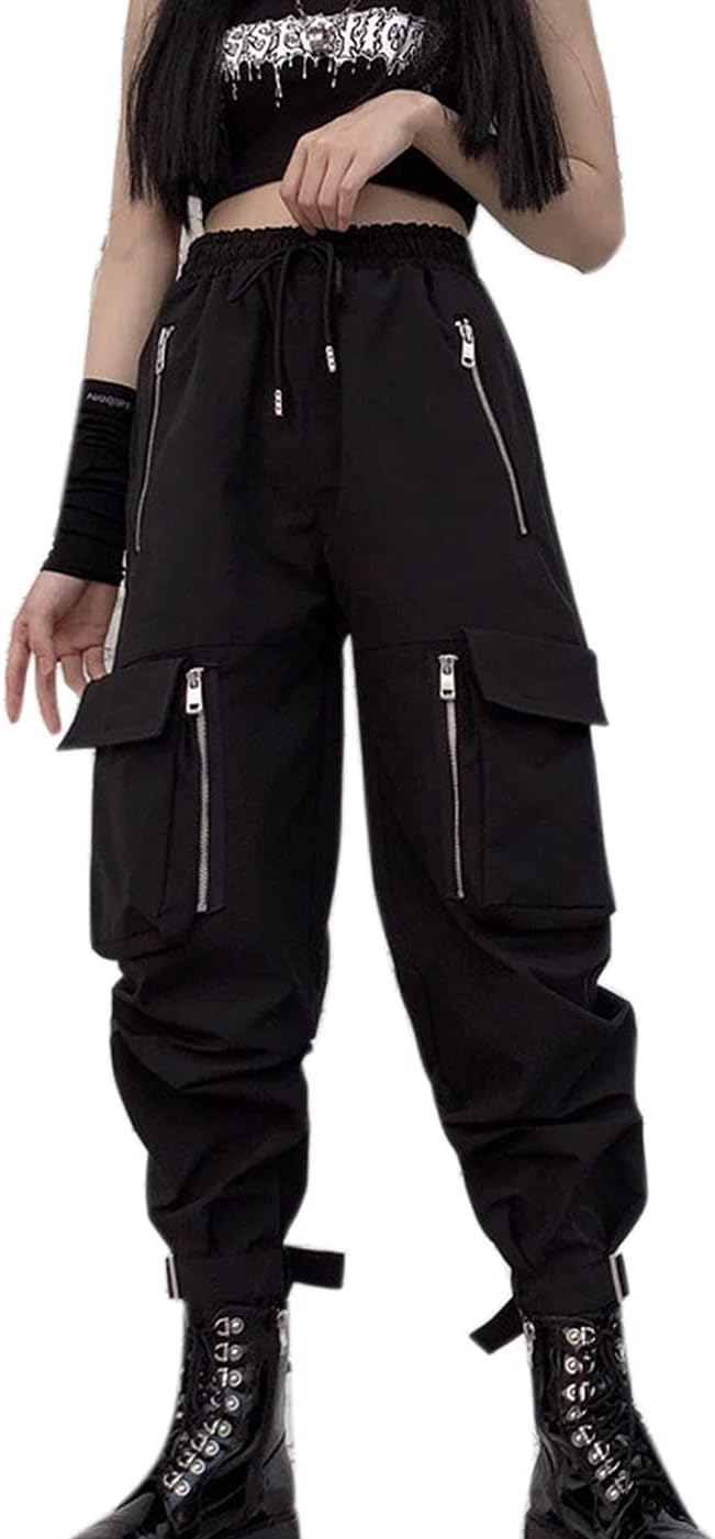 Womens Black Cargo Pants Cinch Bottom Trousers with Belt and Chain Punk Goth Pants Joggers Sweatpants