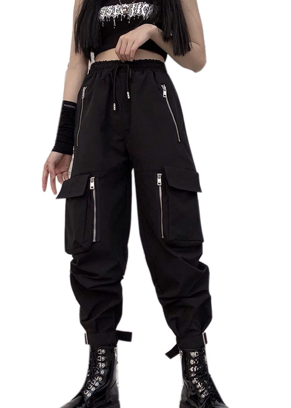 AULKEEP Gothic Black Multi-Pocket Pants Loose Punk Zipper Sweatpants for Women Adjustable Drawstring Baggy Trousers