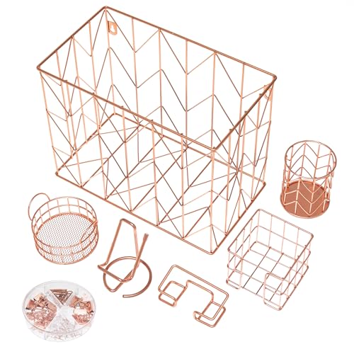 Image of Y YOMA Rose Gold Desk Organizer for Letter Size Hanging File Folder 7 Pcs Folder Organizer Pen Holder Phone Holder Clip Holder Sticky Note Holder Business Card Holder Clip Kit, Wire Metal