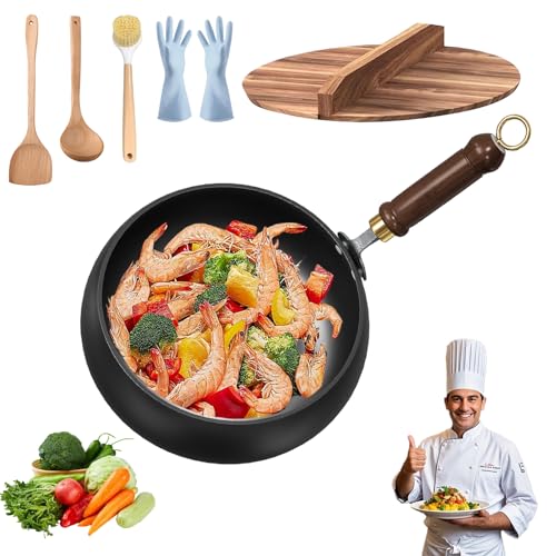 Schwere Gusseisen-Bräter Unbeschichtet, Unbeschichteter Dicker Eisentopf, 24/26/28cm Handgeschmiedete Japanische Eisenpfanne für Braten, Dünsten, Frittieren (Holzdeckel,26cm) Schwere Gusseisen-Bräter Unbeschichtet, Unbeschichteter Dicker Eisentopf, 24/26/28cm Handgeschmiedete Japanische Eisenpfanne für Braten, Dünsten, Frittieren (Holzdeckel,26cm)