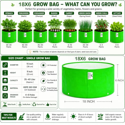 Image of Grow Bag UV Protected 260 GSM | HDPE Grow Bags for Plants | Heavy Duty Green Garden Plant Grow Bag with Drainage Holes | Reusable Vegetable Grow Bag for Terrace Gardening (8, 18X6 INCH)