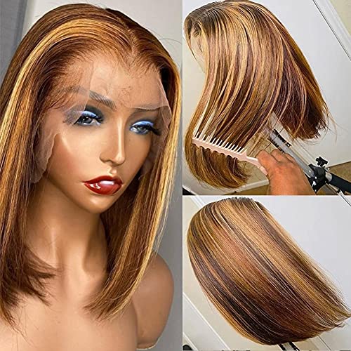 VIPbeauty Highlight Color Short Bob 4/27 Human Hair Wig Glueless 13×6×1 Deep Parting T Part Ombre Brown Honey Blonde Straight Brazilian Remy Hair Wigs for Black Women (10 Inch, Highlight Bob)