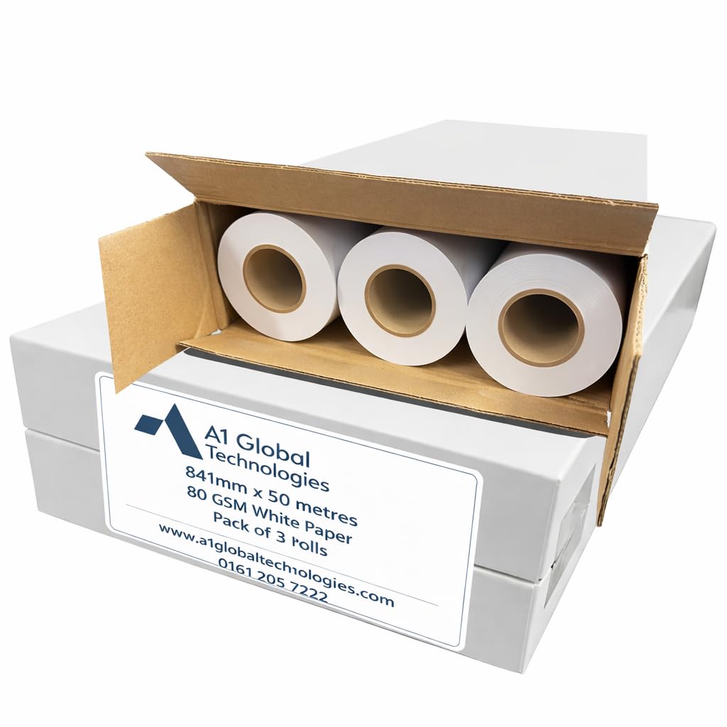 3 Rolls of White Plotter Paper Rolls- 841 mm x 50 m, 80 Grams. A1 Drawing paperroll. Large and Wide Format Paper. 84.1 cm x 50 metres. 80 GSM. Manchester Based. 30 Years Plotter Paper Trading