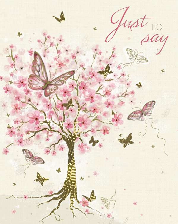 Noel TattPack of 4 Open Artistic Blank Greeting Cards - 'Just to Say' - Butterflies & Cherry Blossom Tree Illustration - 4 Cards of 1 Design