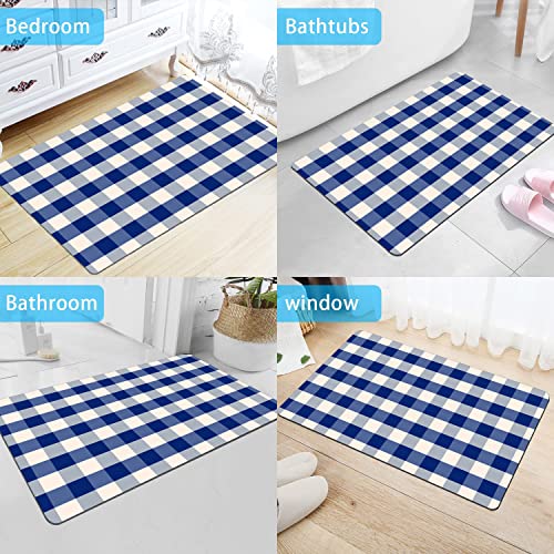 Rstick Grid Pattern Geometric Bathroom Rugs Non Slip Washable Blue Plaid Bath Mat Small Thin Rubber Floor Mats Fit Under Door 16"X24" #TOP5
