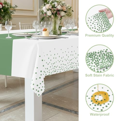 Image of Smiry Plastic Table Cloth Disposable 8 Pack, 54 x 108 Inch Rectangle Waterproof Tablecloth, Printed Gold Table Runner Style for Birthday Weeding, Party, Leakproof & Sturdy, White and Sage Green
