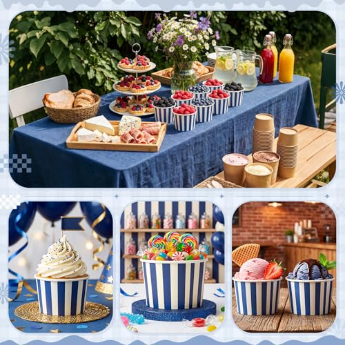 Image of Zopeal 50 Count Navy Blue Striped Ice Cream Cups Disposable Dessert Bowls