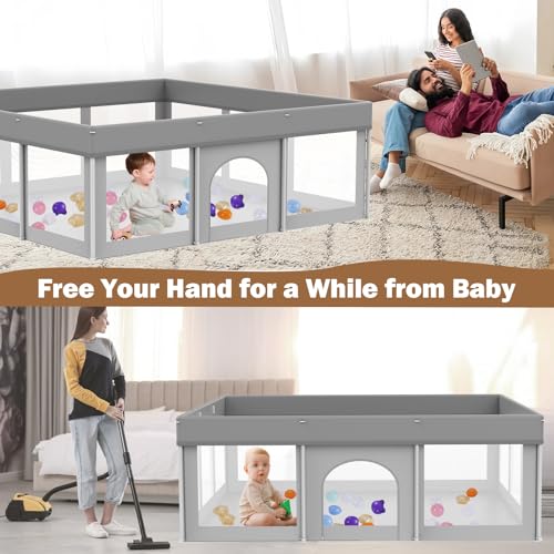 Image of Foldable Baby Playpen 71 inchx71 inch, Playard for Babies and Toddlers, Portable Safety Toddler Fence Lightweight,No Installation, Indoor & Outdoor Play Yard with Ocean Balls*150, Grey