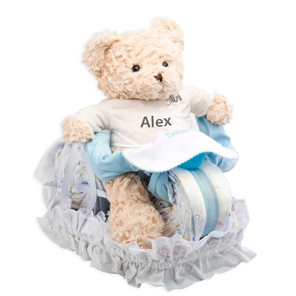 Tarta de Pañales Osito Motero | Regalos para Bebes Recien Nacidos Ideal para Baby Shower | 30 Pañales Ecológicos Sostenibles y Biodegradables | Talla 2 de 5 a 8 kg (Azul) | BebeDeParis