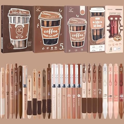 Chivertion Cute Coffee Pens 24 Pcs Gel Ink Pens Retractable Pens and 1 Pcs Highlighter 0.5mm Fine Point Black Ink Kawaii Smooth Writing Pens for School Office Supplies Coffee Lovers Gifts Cover