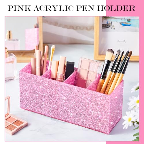 Image of Jetec Acrylic Glitter Pink Pen Holder 4 Compartments Bling Makeup Brush Stationery Organizer Pencil Holder for Desk Accessories Sparkly Gifts for Women Back to School Birthday Desktop Workplace Office