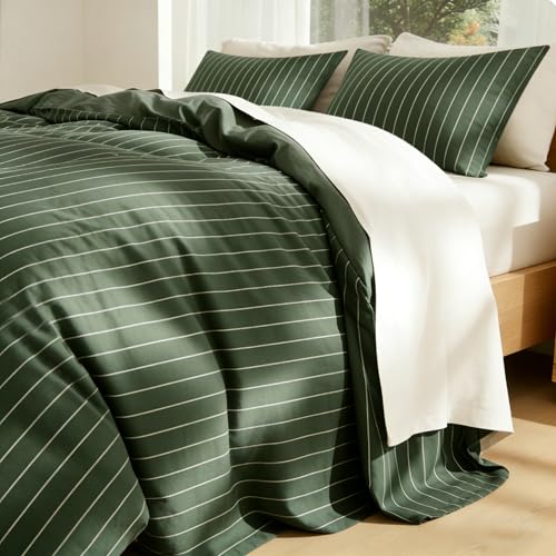 Image of Striped Duvet Cover Twin Size Olive Green Stripes Reversible Bedding Set Vertical Ticking Stripes Soft Breathable Microfiber Comforter Cover Set with Zipper Closure and 1 Pillowcase