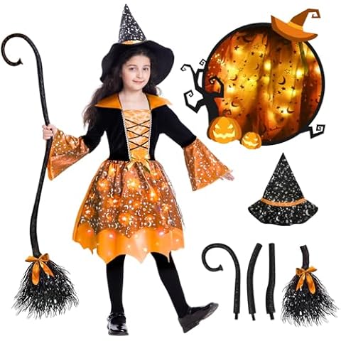 Poshetion Light Up Witch Costume for Girls, Toddler Witch Halloween Costumes with Witch Broom and Hat, Kids Witch Dress Outfit for Halloween Dress-Up Party Glow in the Dark (3-4T) Orange Cover