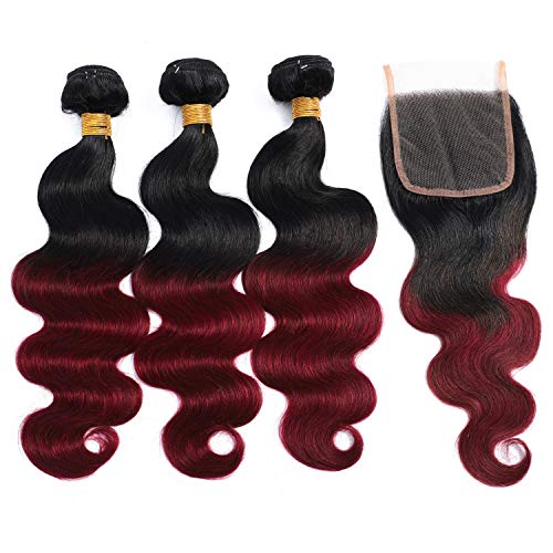 Ombre Brazilian Hair Body Wave Bundles with Closure,Ombre Brazilian Virgin Hair Human Hair Weave Two Tone Black to Burgundy (T1B/99J,12 14 16+12)