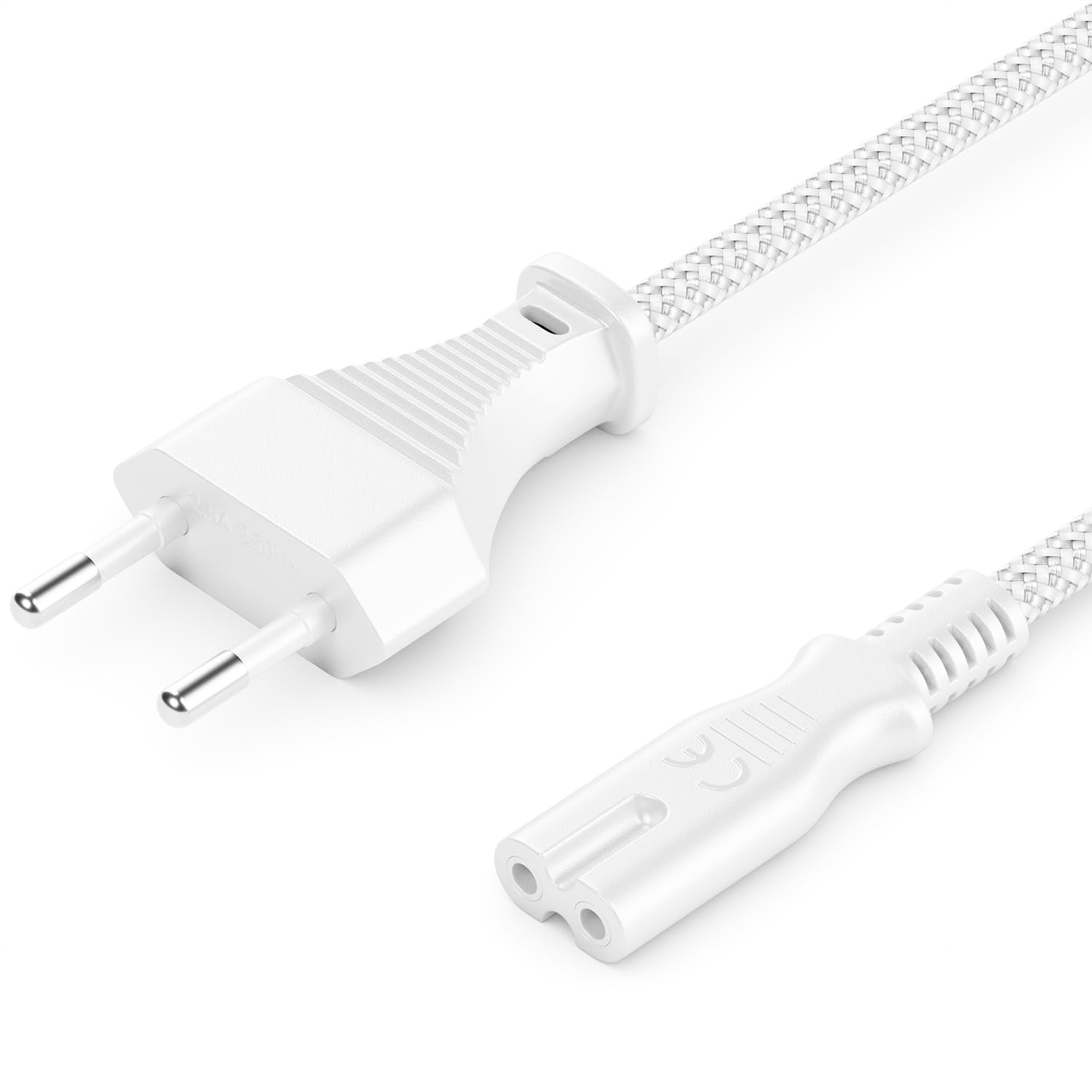 deleyCON 3,0m Cavo di Alimentazione Elettrico Spina Euro Tipo c a C7 (in Nylon) Connettore Piatto 2,5A per Presa C8 TV Soundbar PS4 PS5 Alimentatori Piccoli Elettrodomestici ecc. - Bianco - 3