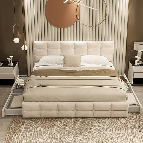 MUZHIXIANG Cama tapizada de 180 x 200 cm con 4 cajones y somier, cama de almacenamiento de tela de terciopelo con respaldo, estructura de cama hipoalergénica para adultos y adolescentes, sin colchón