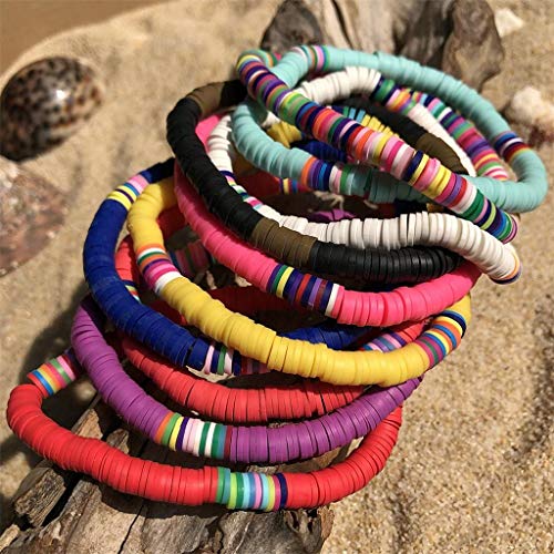 7-10Pcs Handmade Rainbow Bead Bracelet Set Colorful Polymer Clay Disc Beads Waxed String Bracelets Boho Surf Stackable Stretch Charm Bracelet Jewelry Bracelets For Women Girl-10Pcs Rainbow #TOP4
