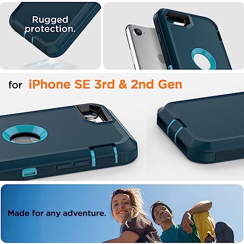 Image of AICase for iPhone SE Case 3rd & 2nd Generation, for iPhone SE 2022 /2020 Built-in Screen Protector Heavy Duty Protective Shockproof 3-Layer Full Body Rugged Phone Cover, Blue /Turquoise