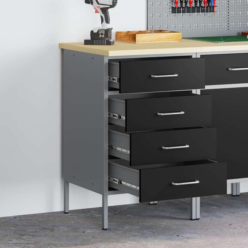 Banco de trabajo de acero industrial con cajones en negro y gris, 50 x 55 x 85 cm, robusto banco de taller para trabajos profesionales y proyectos de afición de materiales de madera