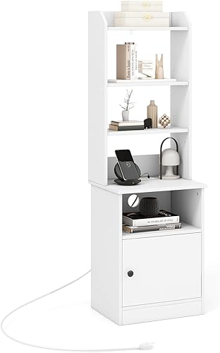 LOKO Mesita de noche con estación de carga mesita de noche de 55 pulgadas de alto con estantes ajustables estantería de mesa auxiliar multifuncional