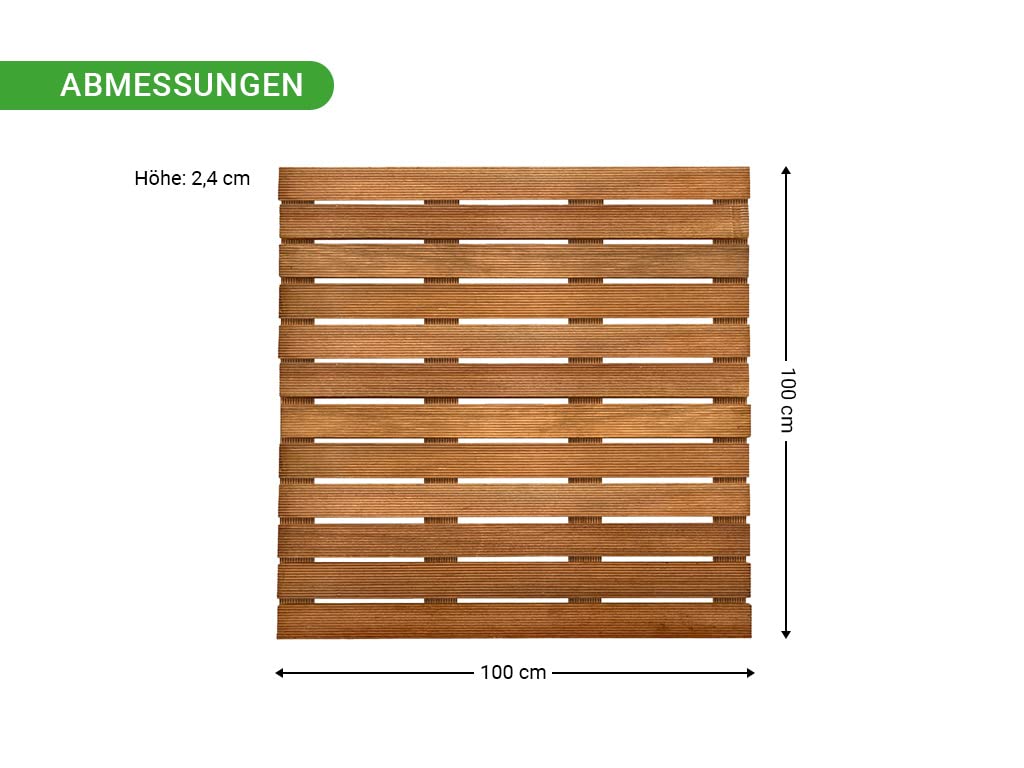 Terrassenfliese Bangkirai | 1 Stück x 100 x 100 x 2,4 cm = 1 m² | Fein Geriffelt | Holzfliese | Terrassenfliesen aus Bangkirai-Holz | Beständiger Balkon-Bodenbelag | 14 Latten