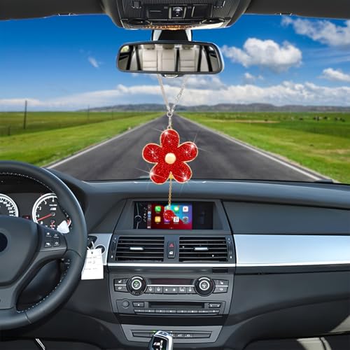 BESULEN Bling Daisy Flower Car Hanging Accessories, Crystal Automotive Rear View Mirror Charms, Diamond Vehicle Decorative Ornament Pendant for Women, Universal for Vehicles