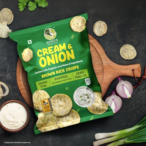 Image of Asmita Organic Farms Brown Rice Popped Crisps | Not Baked, Not Fried | Healthy Snacks with Foxtail Millet | Cream & Onion Flavor | Low-Fat, High-Fiber, Low-Calorie | Pack of 3 (55g Each)