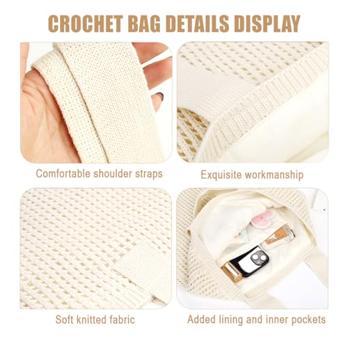 Image of COOKOOKY Lined Crochet Tote Beach Shoulder Bag Women Casual Work Shopping | Lined crochet tote with soft structure, perfect for beach, work, shopping. Roomy & lightweight for daily use.