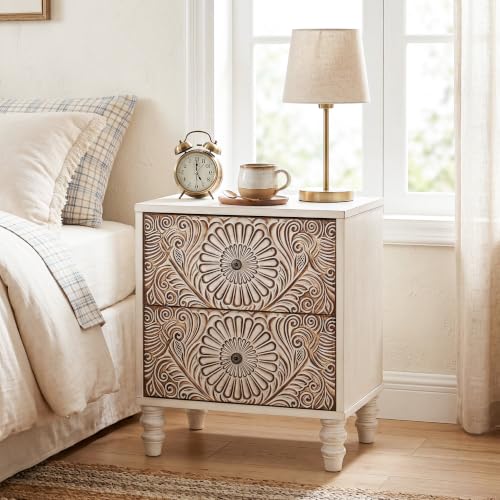 Image of HOMPUS 2-Drawer Farmhouse Nightstand, Fully Assembled Boho Night Stand, Vintage Accent End Table Bedside Table, Small Nightstand Organizer for Bedroom, Laundry, Distress White