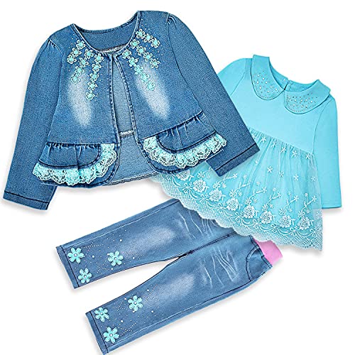 Image of Peacolate 6M-4Years Spring Fall Baby Girls Clothing Set 3pcs Long Sleeve Dress Denim Jacket and Jeans