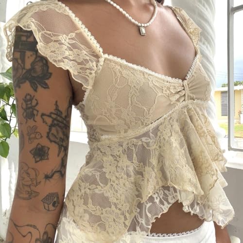 Women Lace Babydoll Tank Top Cap Sleeve See Throught Y2k Summer Going Out Crop Tops Coquette Clothes - Image 6