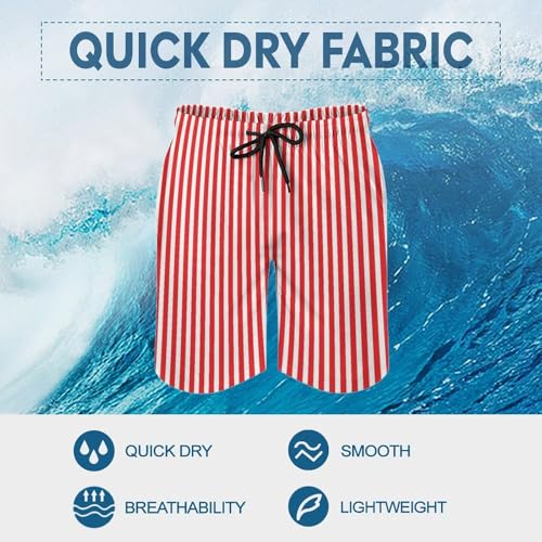 Red and White Stripes Print Mens Swim Trunks, Quick Dry Swim Shorts with Mesh Lining Swimwear Bathing Suits3