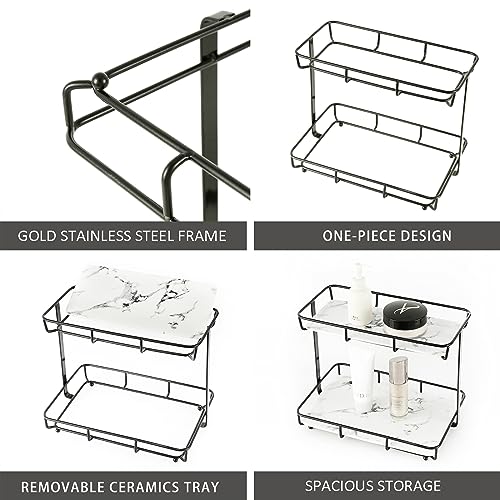 Bathroom Organizer Countertop Perfume Organizer Makeup Organizer Cosmetics Storage Display Rack Vanity Tray Dresser Stainless Steel Gold Shelf White Marble Ceramic Tray (2 Tier L-Black)