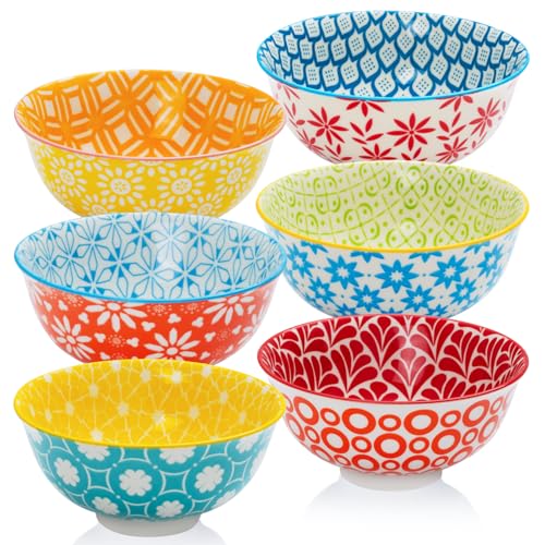 AntoKueh 23OZ 660ml Colorful Large Ceramic Bowl，6in Deep Porcelain Cereal Bowls Set of 6 for Salad, Soup, Snack and Rice, Dishwasher & Microwave Safe