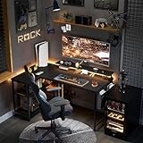 Coleshome L Shaped Gaming Desk with LED Lights, 120 × 80 cm Computer Desk with Power Outlet, Reversible Corner Gaming Table with Storage Shelves & Monitor Stand, Black - Image 6