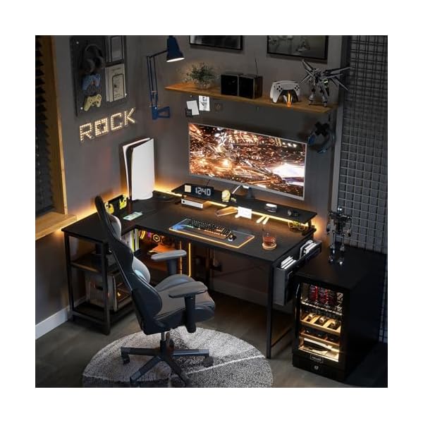 Coleshome L Shaped Gaming Desk with LED Lights, 120 × 80 cm Computer Desk with Power Outlet, Reversible Corner Gaming Table with Storage Shelves & Monitor Stand, Black - Image 7