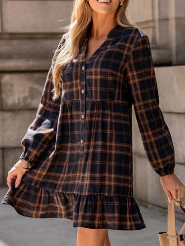 CUPSHE Women Fall Dresses Plaid Ruffle Hem V Neck Long Sleeve Button Holiday Tunic Mini Dress4