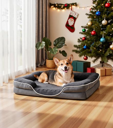 The Fellie Hundebett, Orthopädisches Hundebett Grosse Mittelgroße Hunde, Flauschiges Hundekissen, rutschfeste, Atmungsaktiv, Hundebetten kleine Hunde, Hundecouch Waschbar, Grau,71x58x16.5cm